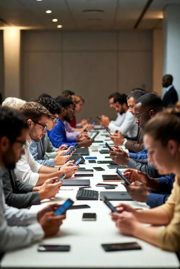Group of people looking at their phones, illustrating digital disconnection